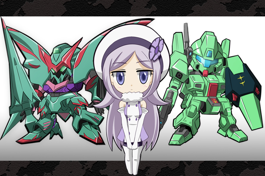 1girl, aila_jyrkiainen, blue_eyes, boots, chibi, elbow_gloves, gloves, gundam, gundam_build_fighters, hat, jegan, long_hair, looking_at_viewer, mecha, qubeley_papillon, silver_hair, thigh_boots, thighhighs