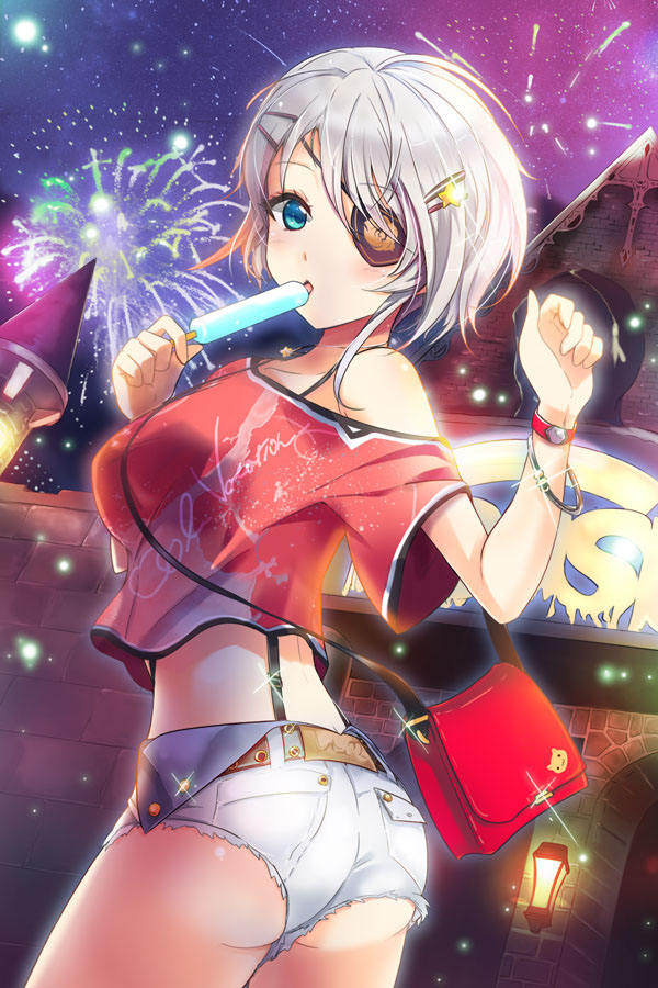 1girl, aerial_fireworks, ass, bare_shoulders, blue_eyes, blush, bracelet, breasts