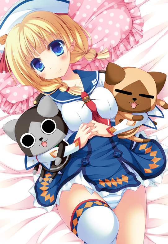 1girl, blonde_hair, blue_eyes, blush, breasts, furukawa_lemon, hat, lying