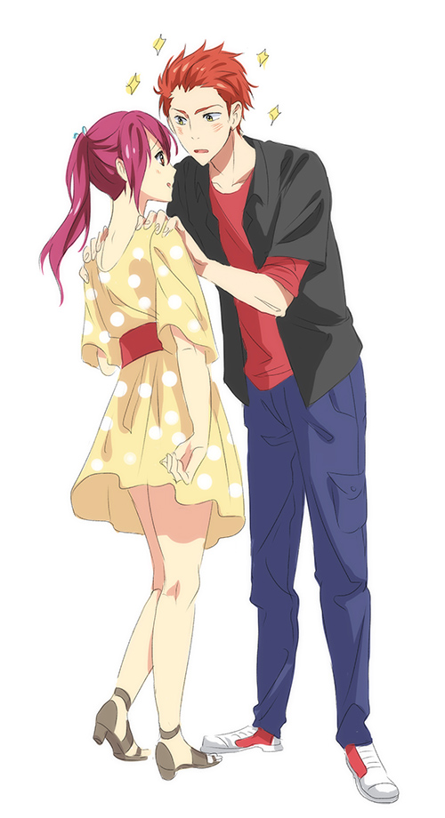 1boy, 1girl, blush, dress, free!, hands_on_shoulders, long_hair, matsuoka_gou