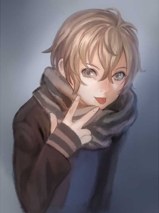 1boy, long_sleeves, male, mikado_nagi, pikomaro, pink_hair, scarf, smile, solo, sweater, tongue, tongue_out, uta_no_prince-sama, uta_no_prince-sama_maji_love_2000_percent, v