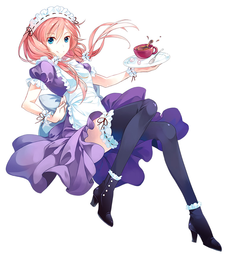 1girl, blue_eyes, female, high_heels, maid, original, pink_hair, simple_background