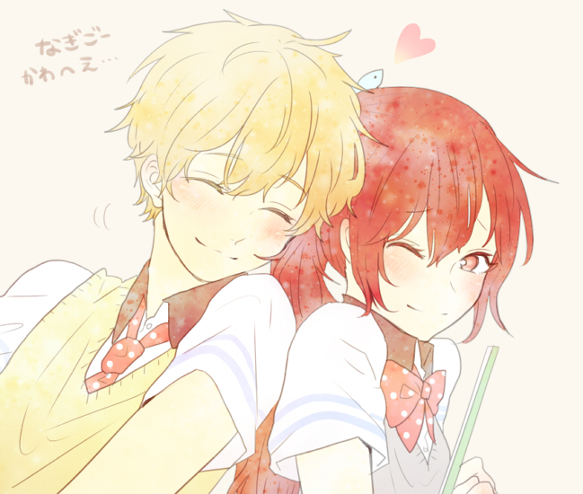 1boy, 1girl, blonde_hair, closed_eyes, free!, hazuki_nagisa, kurobuta_(pachiko), long_hair