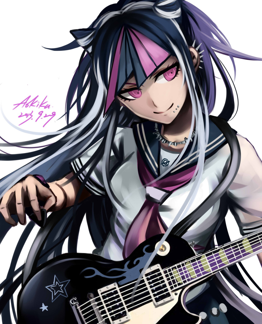 1girl, aokiku, black_hair, dangan_ronpa, guitar, highres, instrument, long_hair, mioda_ibuki, multicolored_hair, open_mouth, piercing, pink_hair, school_uniform, serafuku, skirt, solo, super_dangan_ronpa_2