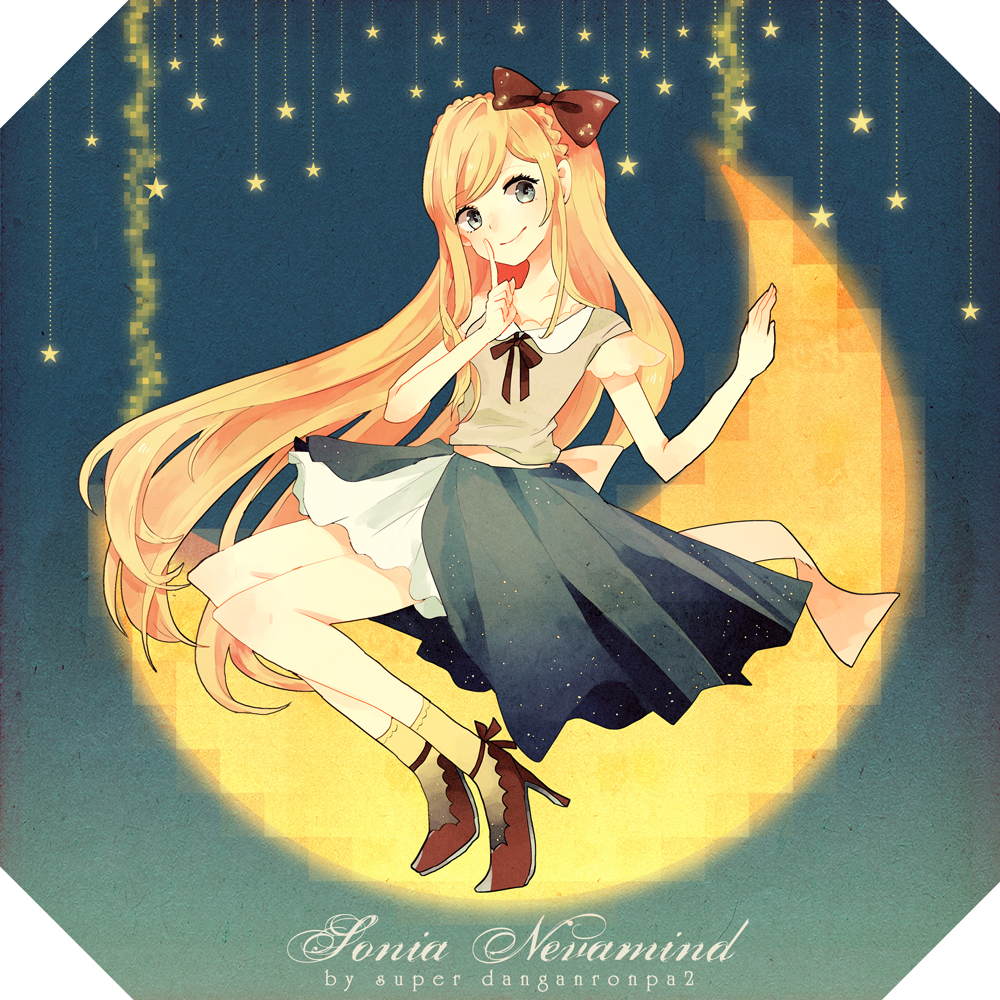 1girl, blonde_hair, blue_eyes, bow, braid, character_name, conoha, crescent_moon