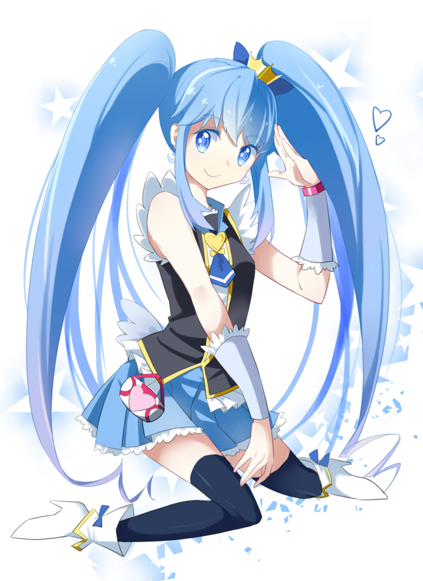 1girl, black_legwear, blue_eyes, blue_hair, brooch, buts_(11067), colored_eyelashes, cure_princess, earrings, happinesscharge_precure!, highres, jewelry, long_hair, magical_girl, mini_crown, precure, shoes, skirt, smile, solo, thighhighs, twintails, wrist_cuffs