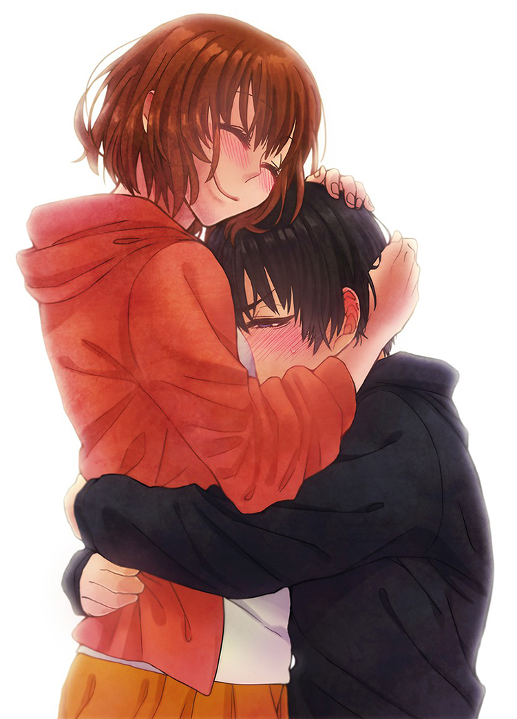 1boy, 1girl, black_eyes, black_hair, blush, brown_hair, closed_eyes, gingitsune_(ochiai_sayuri)