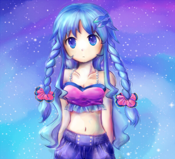 1girl, bare_shoulders, blue_eyes, blue_hair, braid, collarbone, female, hair_ornament