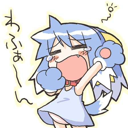 blue_hair, blush, chibi, collar, doggirl, dress, fang, gloves
