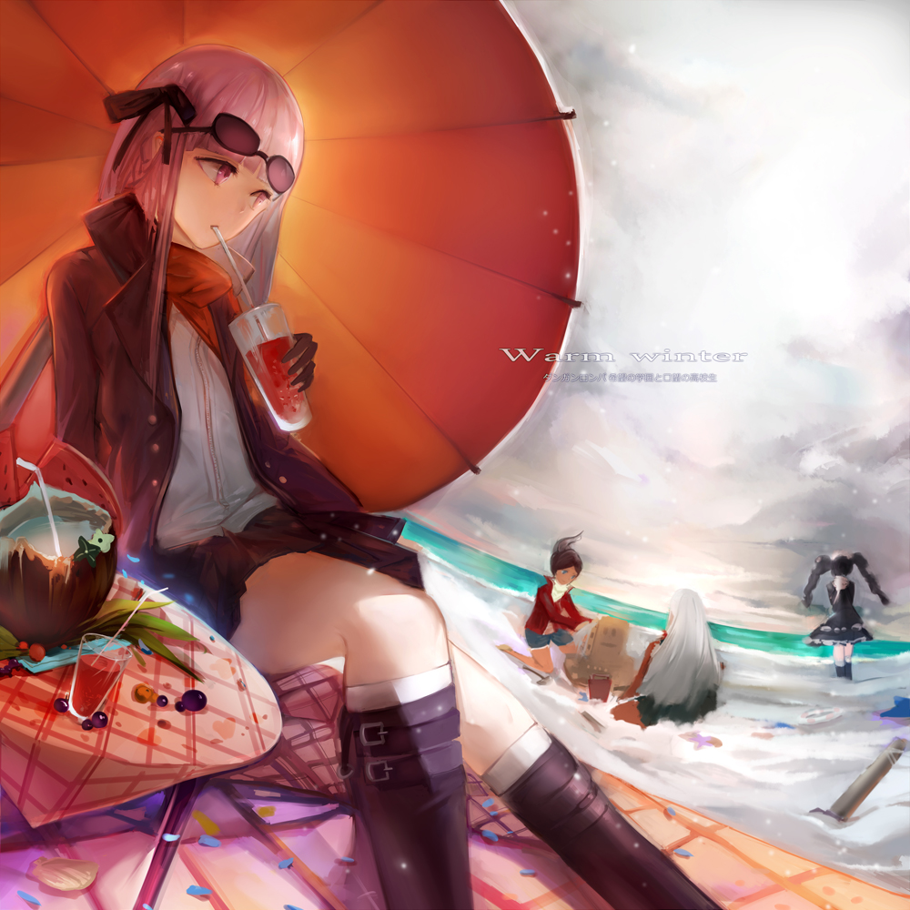 4girls, asahina_aoi, beach, black_hair, boots, braid, brown_hair, celestia_rudenberk