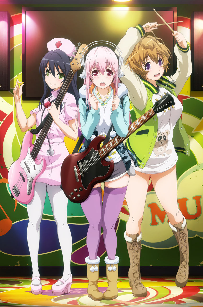 3girls, axanael, black_hair, boots, brown_hair, drumsticks, fujimi_suzu, green_eyes