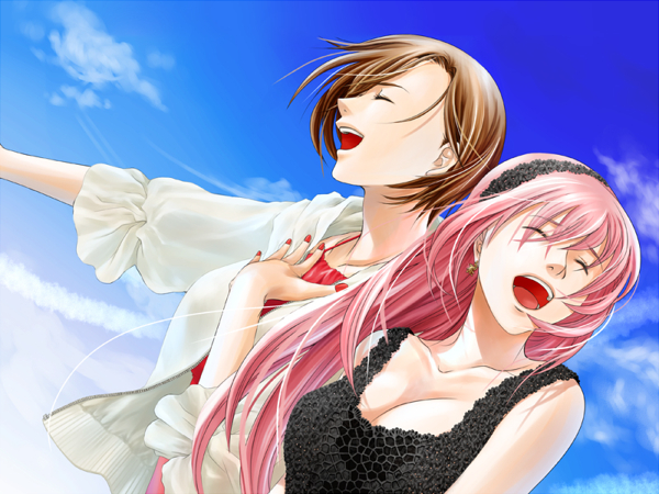 brown_hair, closed_eyes, long_hair, megurine_luka, meiko, multiple_girls, open_mouth, pink_hair