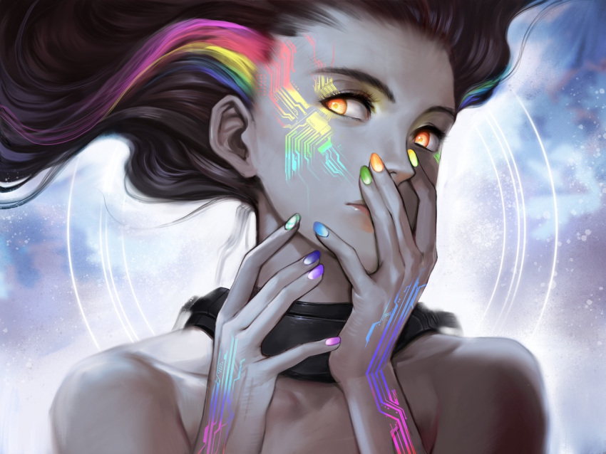 brown_hair, circuit, face, glowing, glowing_eyes, multicolored_hair, nail_polish, nose, original, patipat_asavasena, portrait, rainbow_hair, realistic, science_fiction, yellow_eyes