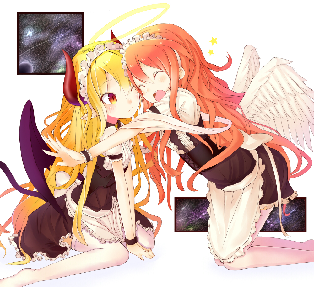 angel, angel_and_devil, angel_wings, apron, blonde_hair, closed_eyes, demon_girl, demon_tail