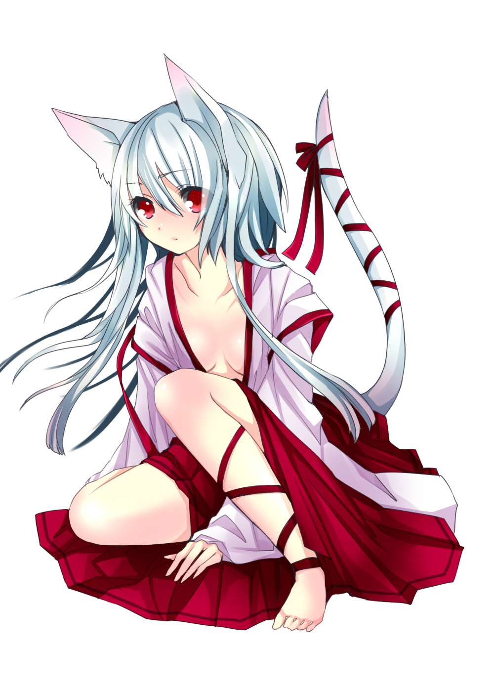 1girl, animal_ears, barefoot, breasts, hakama, highres, japanese_clothes, kimono