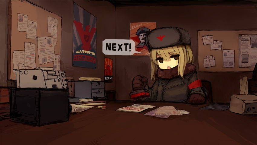 1girl, blonde_hair, brown_eyes, english, gloves, hat, looking_at_viewer, noconol, paper, papers_please, short_hair, sitting, solo, uniform