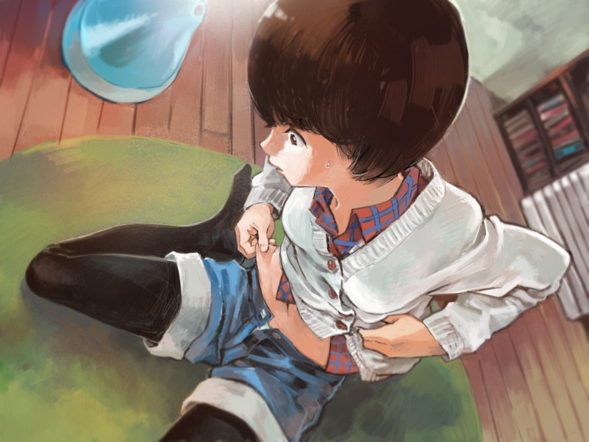 1girl, belly_grab, belly_peek, brown_eyes, brown_hair, denim, denim_shorts, from_above