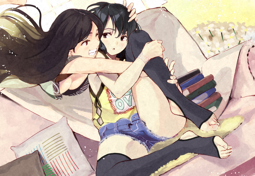 2girls, black_hair, book_stack, bracelet, breasts, brown_eyes, brown_hair, cleavage, couch, denim, denim_shorts, flower, goiro_(doukutsuwa), grin, highres, hug, jewelry, long_hair, multiple_girls, original, pillow, short_shorts, shorts, smile, stirrup_socks, thighhighs, thighs, toes, unbuttoned