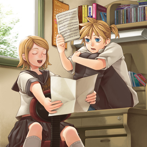 blue_eyes, desk, hair_ornament, hairclip, kagamine_len, kagamine_rin, leg_hug, school_uniform