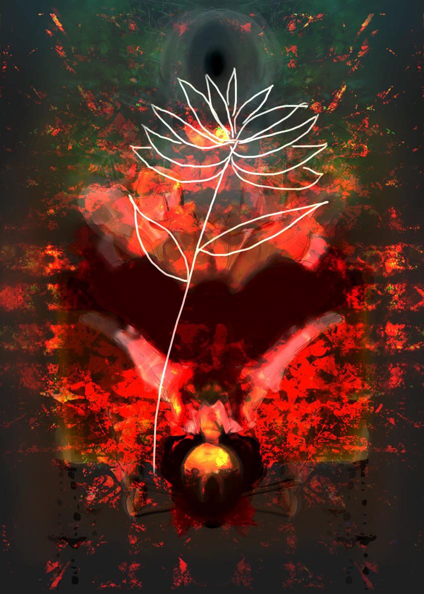 1girl, absurdres, artist_name, artist_request, black_hair, detached_sleeves, flower, flower_(symbol), highres, japanese_clothes, red, satsuki_rin, short_hair, skirt, solo, tagme, touhou, upside-down