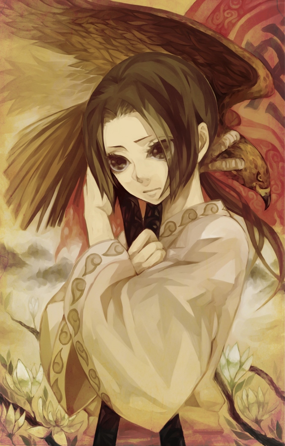 1girl, animal_on_shoulder, bird, bird_on_shoulder, brown_hair, kaine_(kingdom), kingdom, long_hair