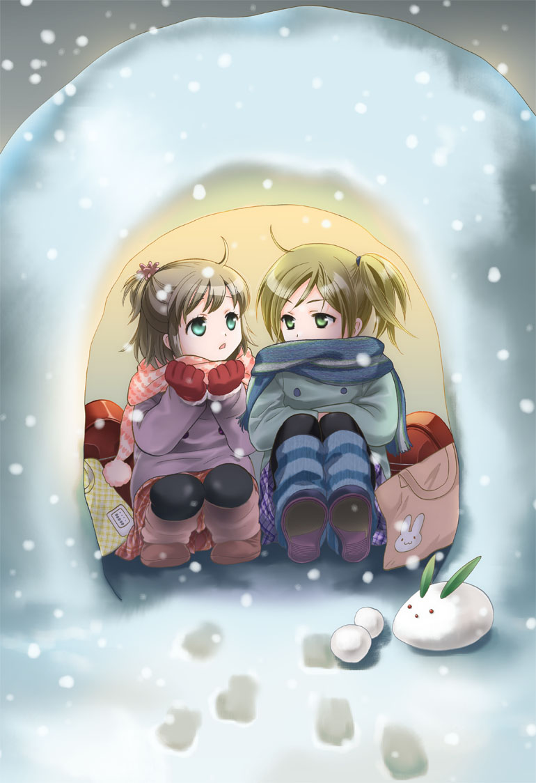 2girls, blonde_hair, blue_eyes, blush, brown_eyes, brown_hair, child, hat, igloo, joshi_kousei, long_hair, multiple_girls, ooshima_towa, pantyhose, scarf, short_hair, siblings, sisters, sitting, snow, snow_bunny, suzuki_momoka, suzuki_yuma, twintails