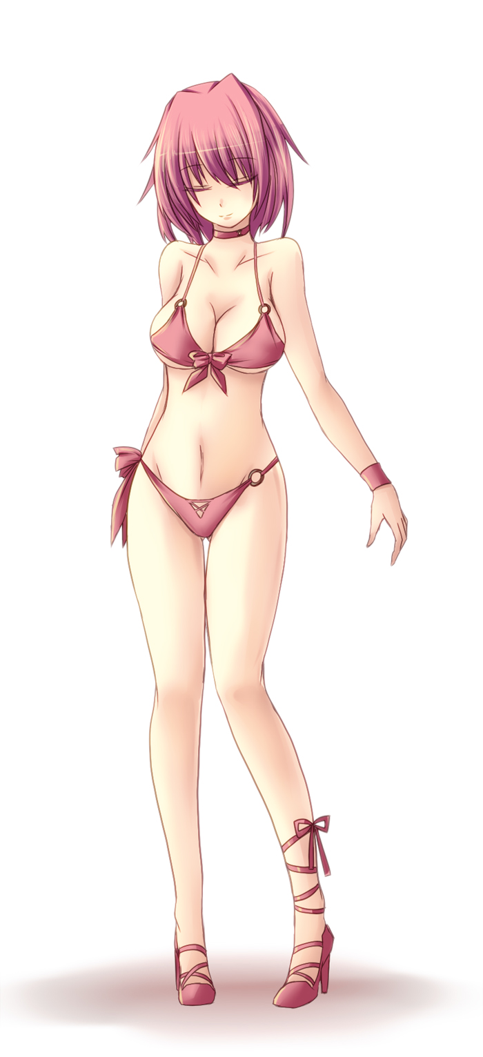 1girl, bikini, breasts, cleavage, closed_eyes, collar, halterneck, high_heels