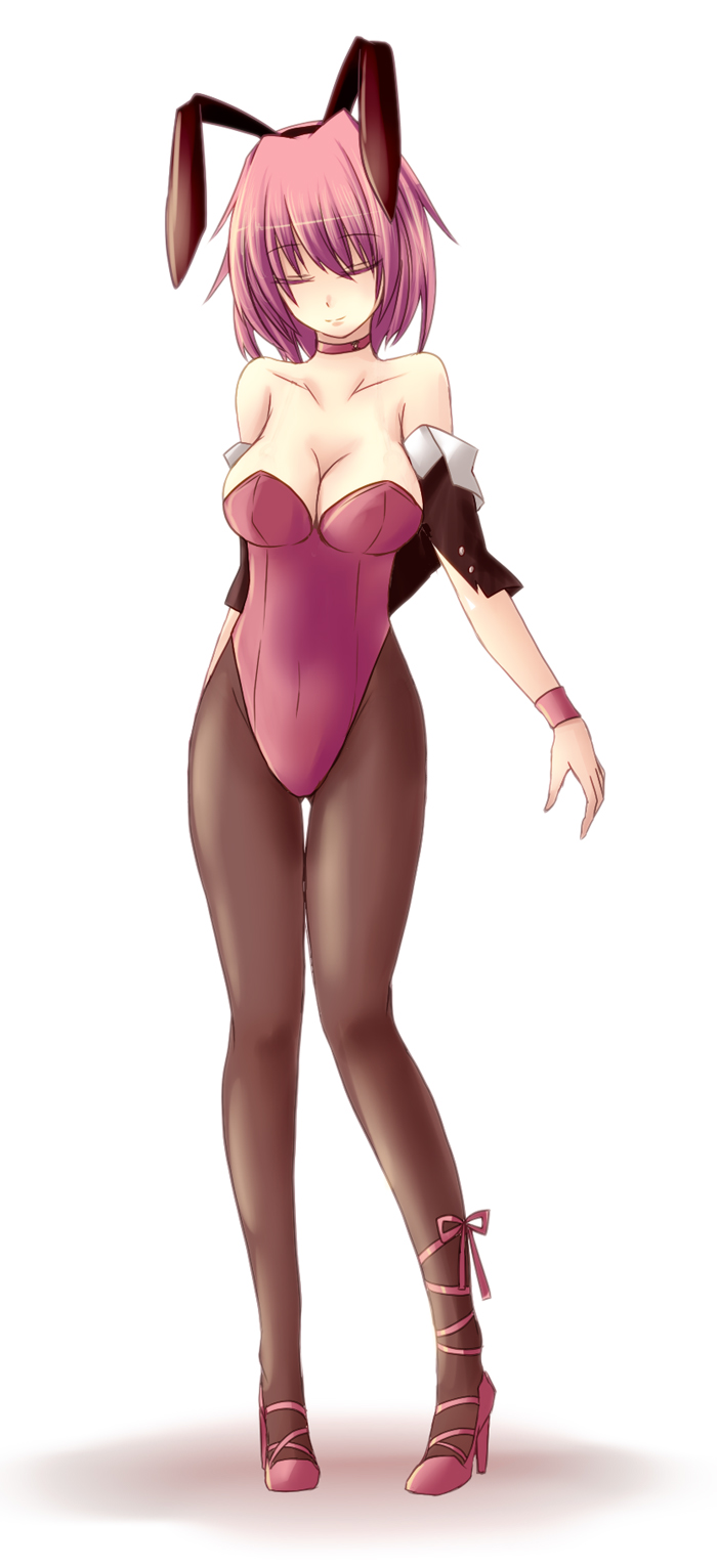 1girl, animal_ears, black_legwear, breasts, bunny_girl, bunnysuit, cleavage, closed_eyes