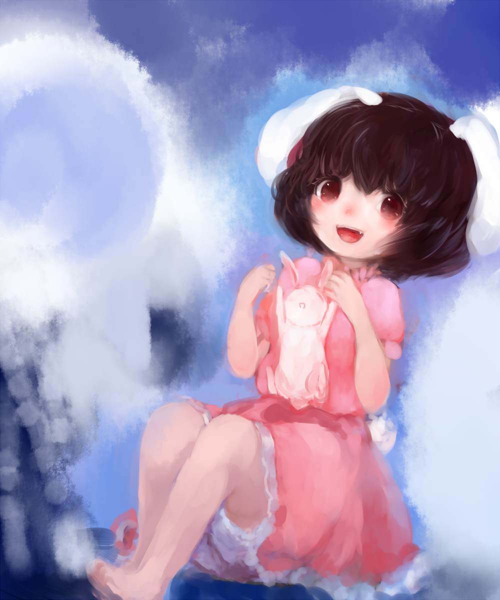1girl, animal_ears, barefoot, brown_eyes, brown_hair, bunny_tail, carrot, dress, highres, inaba_tewi, jewelry, looking_at_viewer, maccha_cocoa, necklace, open_mouth, pendant, pink_dress, puffy_sleeves, rabbit, rabbit_ears, short_sleeves, sitting, smile, solo, tail, touhou