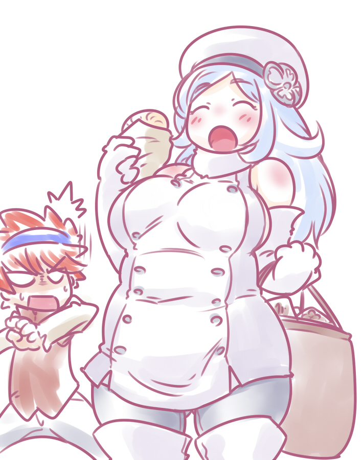 1boy, 1girl, aila_jyrkiainen, bare_shoulders, beret, darui_hito, elbow_gloves, fat, food, gloves, gundam, gundam_build_fighters, hat, long_hair, nikuman, pantyhose, redhead, reiji_(gundam_bf), sunglasses, sunglasses_on_head, white_hair