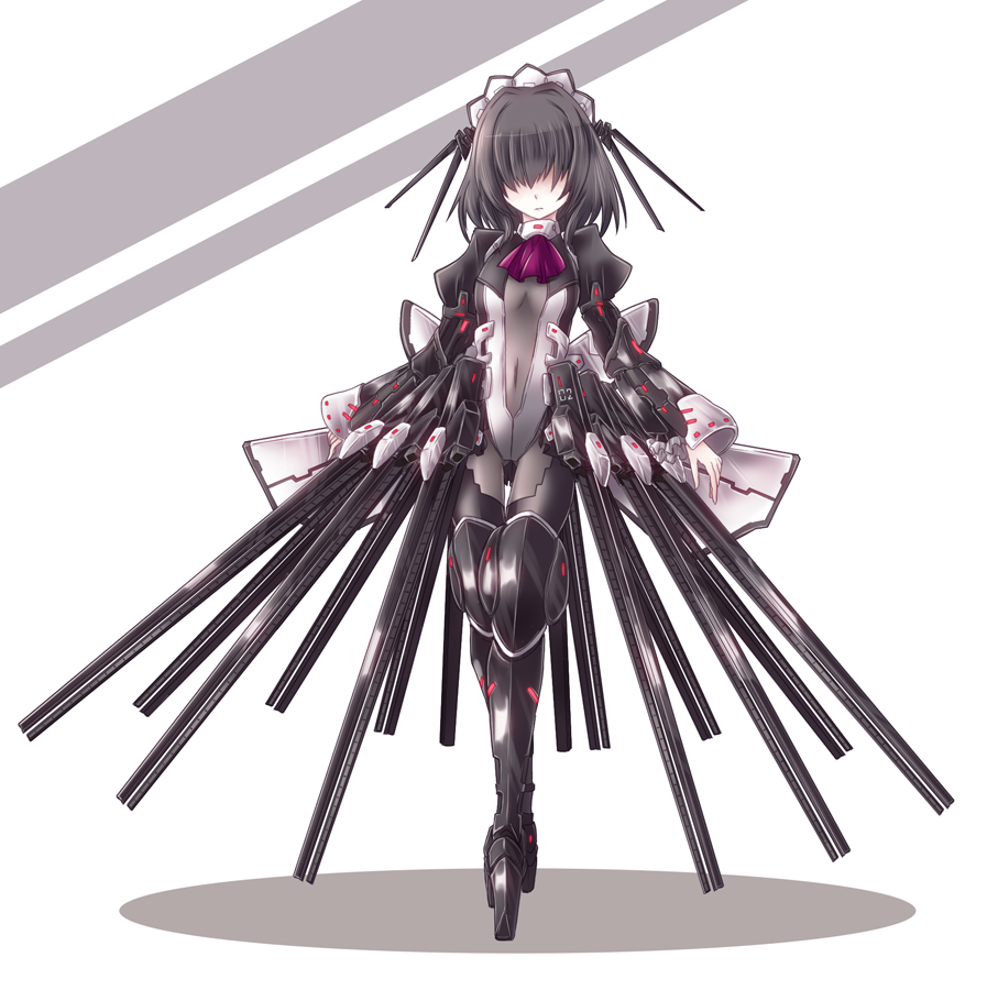 1girl, armor, black_hair, bodysuit, hair_over_eyes, maid_headdress, mecha_musume, solo