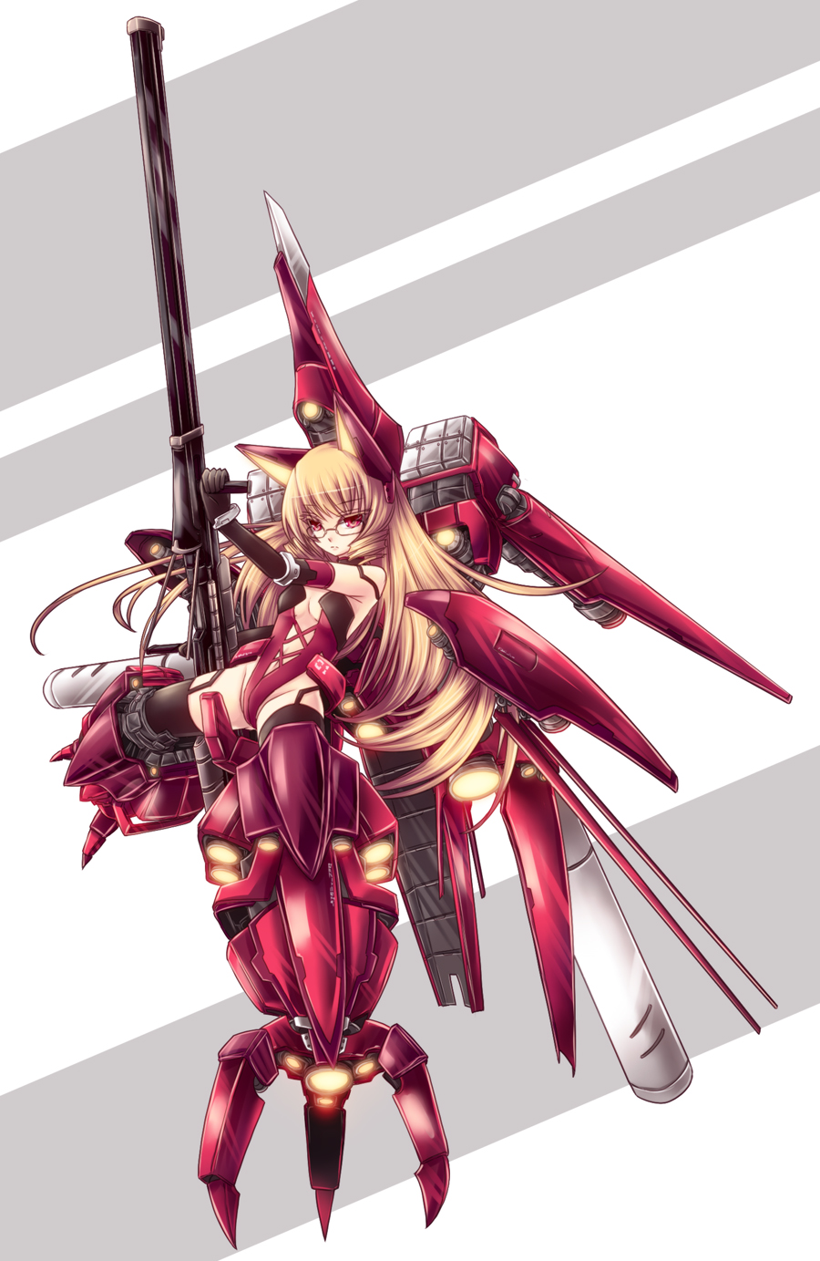 1girl, armor, backpack, bag, blonde_hair, drill_hair, glasses, gun