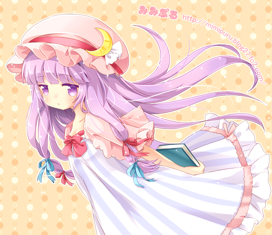 1girl, blush, book, bow, crescent, dress, hat, long_hair