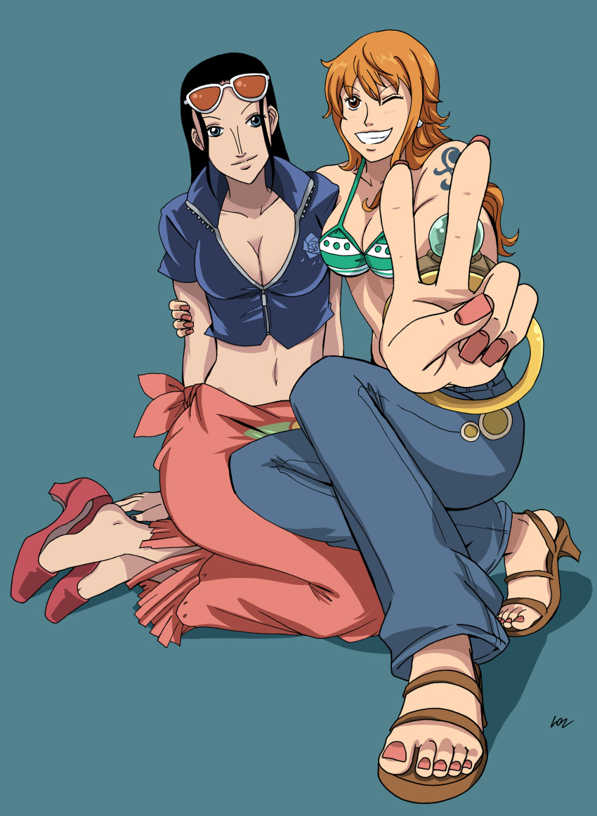 2girls, bangle, bikini_top, black_hair, blue_background, blue_eyes, bracelet, breasts