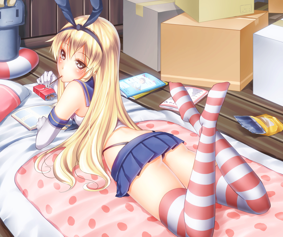 1girl, black_panties, blonde_hair, box, brown_eyes, eating, elbow_gloves, gloves