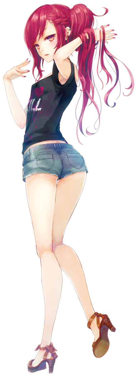 1girl, arm_up, ass, braid, cutoffs, denim, denim_shorts, earrings