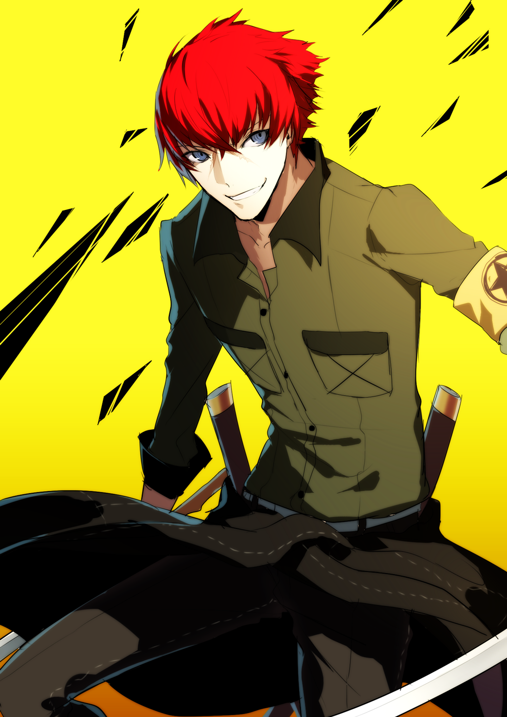 1boy, 720yen, grey_eyes, grin, highres, minazuki_sho, persona, persona_4:_the_ultimate_in_mayonaka_arena