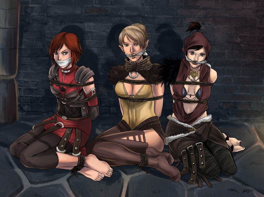 3girls, armor, arms_behind_back, asymmetrical_clothes, barefoot, bdsm, black_hair, black_nails