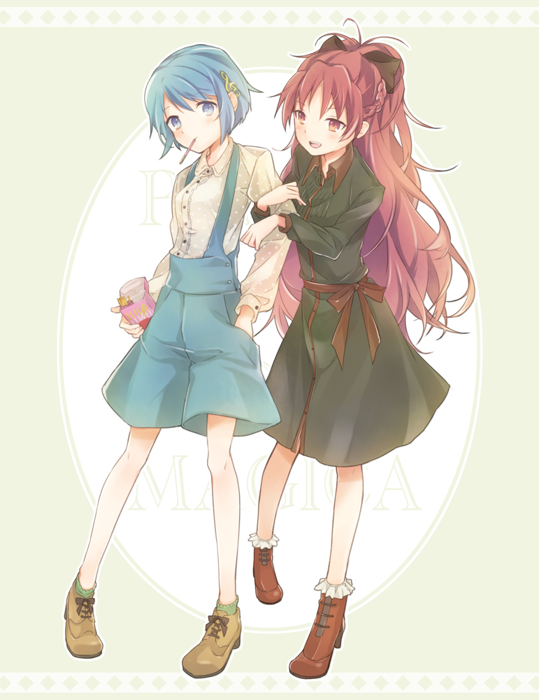 2girls, arm_hug, atea, blue_eyes, blue_hair, bow, braid, casual