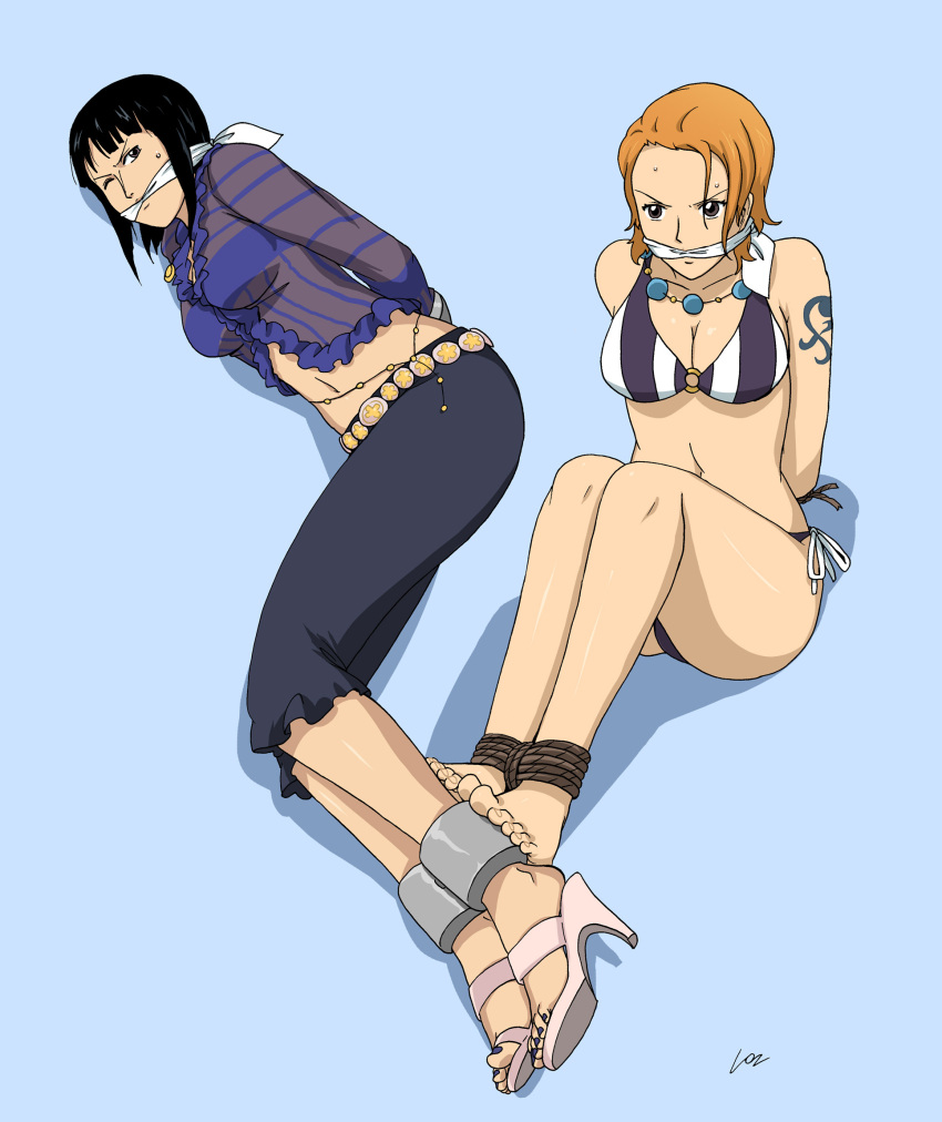2girls, arms_behind_back, bdsm, bikini, black_hair, blue_background, blue_nails, bondage