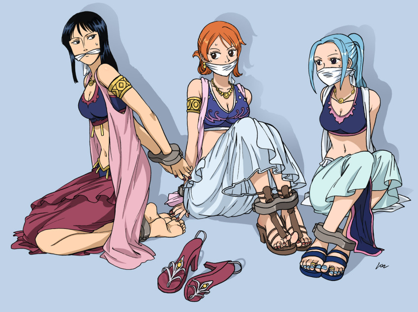 3girls, armlet, barefoot, bdsm, black_hair, blue_background, blue_eyes, blue_hair