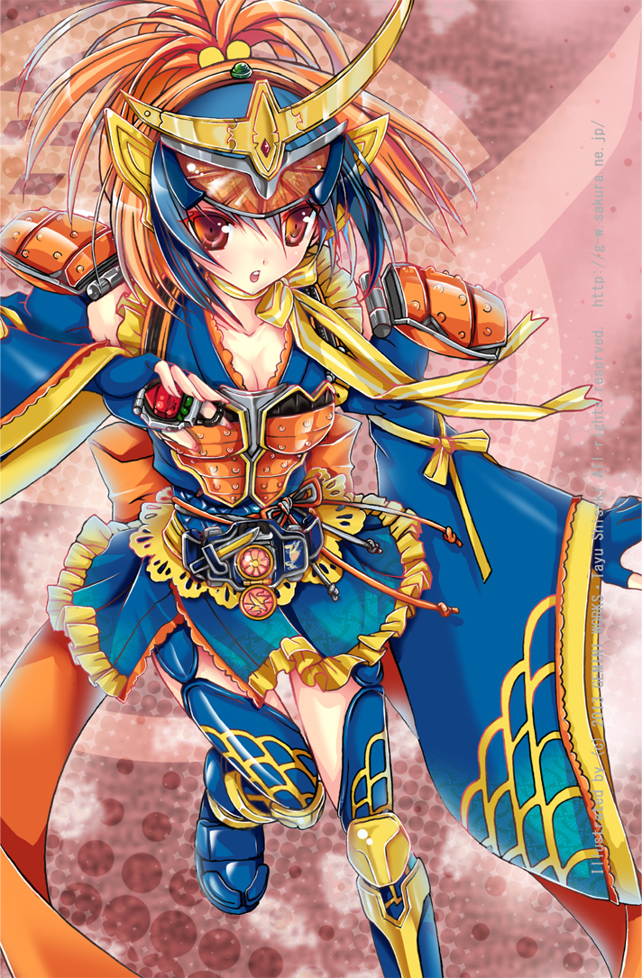 1girl, armor, belt, blue_hair, boots, breasts, cleavage, detached_sleeves, female, food, fruit, genderswap, kamen_rider, kamen_rider_gaim, kamen_rider_gaim_(series), lock_seed, lockseed, multicolored_hair, neck_ribbon, orange, orange_eyes, orange_hair, personification, ponytail, ribbon, rider-tan, rider_belt, sengoku_driver, shisaki_tayu, skirt, solo, strawberry, thigh_boots, thighhighs, two-tone_hair