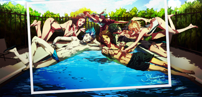 2girls, 4boys, amano_maya, bikini, black_hair, blonde_hair, blue_hair, brown_hair