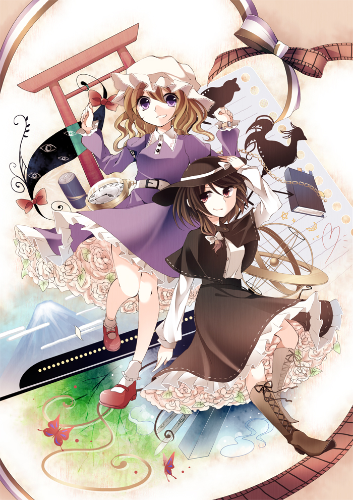 2girls, ankle_socks, arms_up, astrolabe, belt, bird, blonde_hair, book