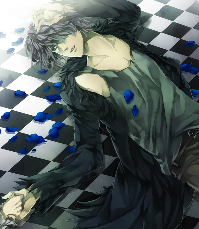 1boy, blue_rose, checkered, checkered_floor, chirukome, flower, garry_(ib), hair_over_one_eye