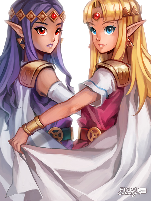 2girls, a_link_between_worlds, blonde_hair, blue_eyes, dress, dress_lift, elbow_gloves, eyeshadow