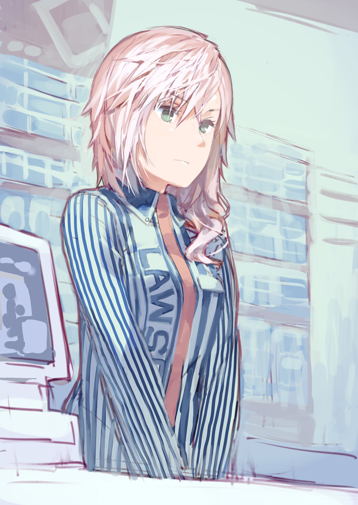 cashier, final_fantasy, final_fantasy_xiii, green_eyes, lawson, lightning_farron, long_hair, pink_hair