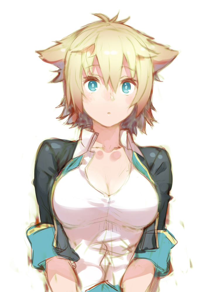 1girl, animal_ears, black_hair, blonde_hair, blue_eyes, blush, breasts, cleavage_cutout