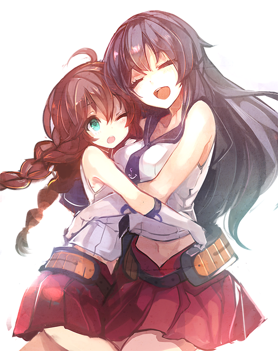 2girls, agano_(kantai_collection), black_hair, blush, braid, breasts, brown_hair, closed_eyes