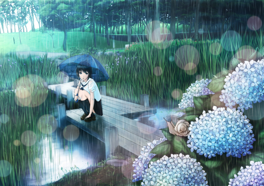1girl, black_eyes, black_hair, bridge, flower, highres, hyp, kneehighs